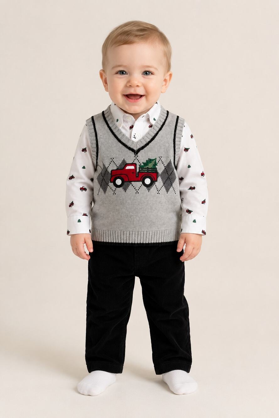 IZOD Baby Boy 3 Piece Christmas Outfit Set Sweater Vest Shirt Pant Size 6/9M NWT